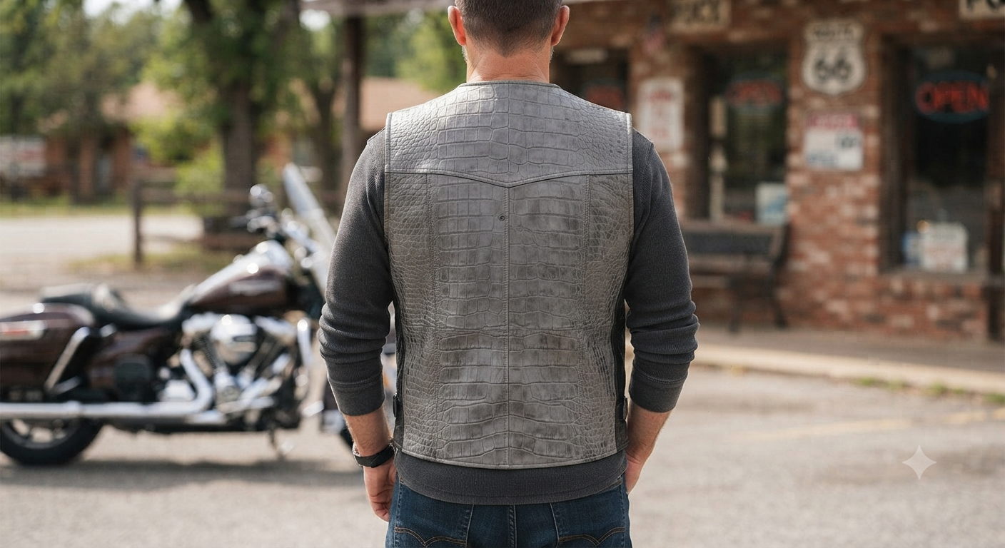 Men's Handcrafted Grey Crocodile-Style Leather Biker Vest with American Flag Patch