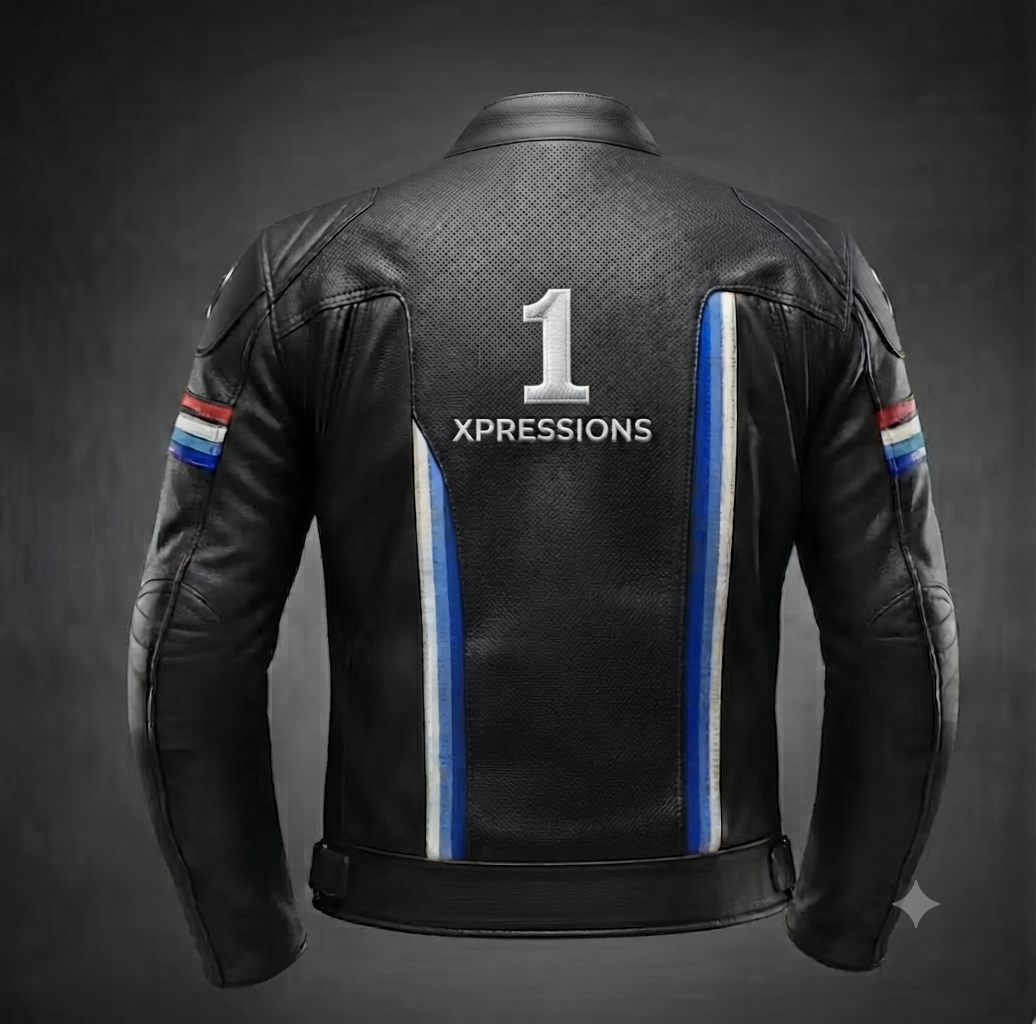 1Xpressions Men's Black Leather Racing Jacket with Blue & Red Stripe Accents