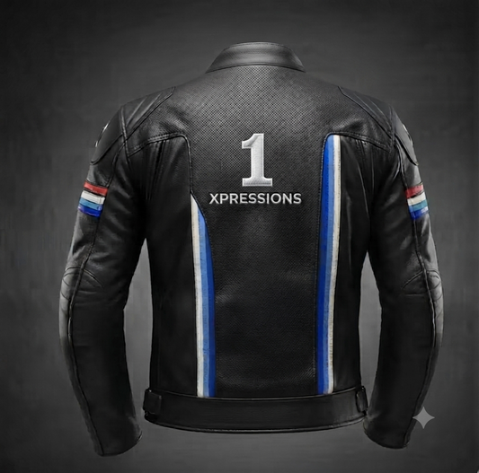 1Xpressions Men's Black Leather Racing Jacket with Blue & Red Stripe Accents