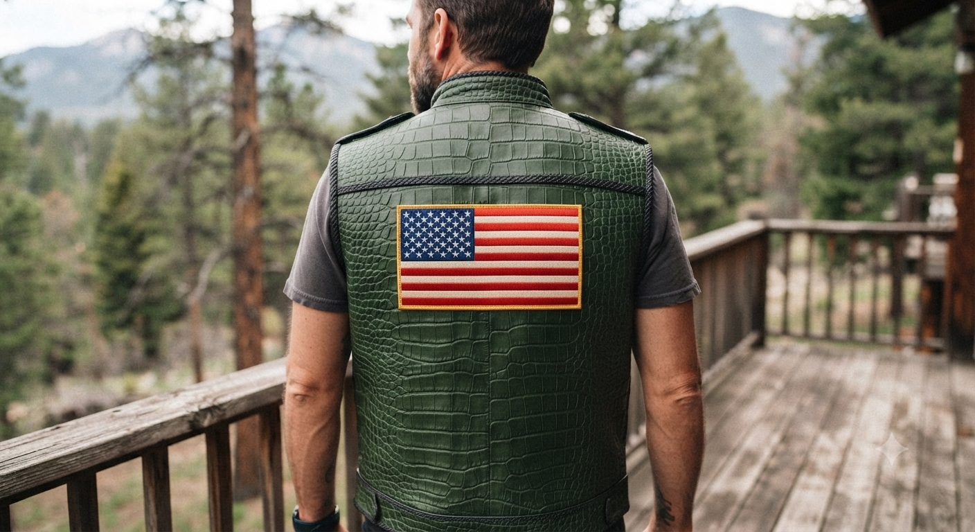Men's Forest Green Crocodile-Embossed Leather Vest with US Flag Patch
