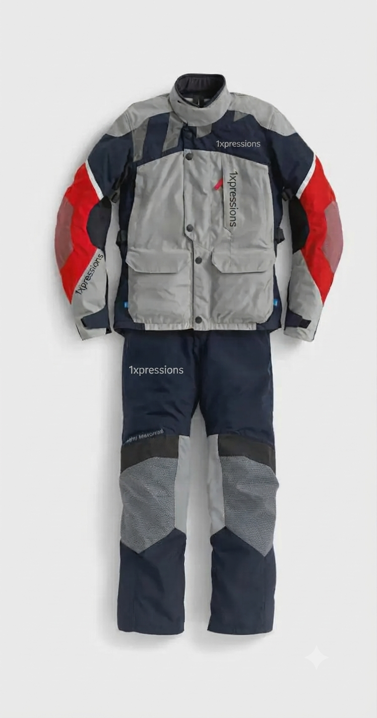 Men's All-Weather Adventure Motorcycle Touring Jacket and Pants Riding Suit (Navy/Grey/Red)