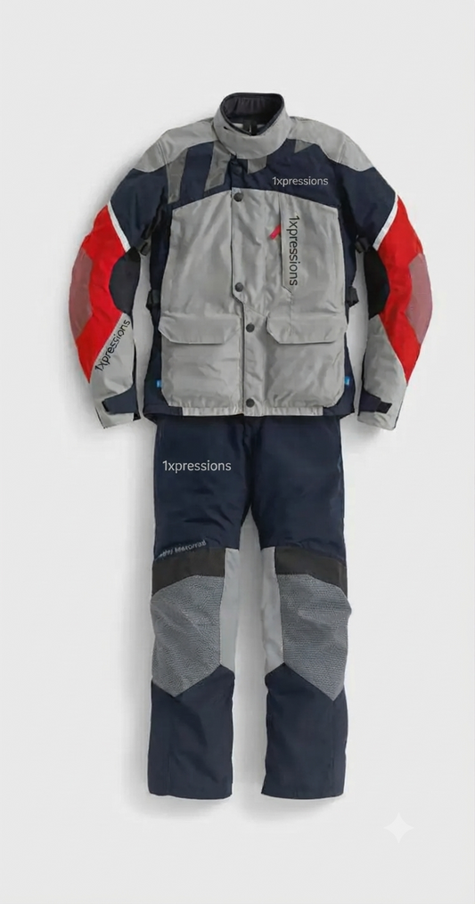 Men's All-Weather Adventure Motorcycle Touring Jacket and Pants Riding Suit (Navy/Grey/Red)