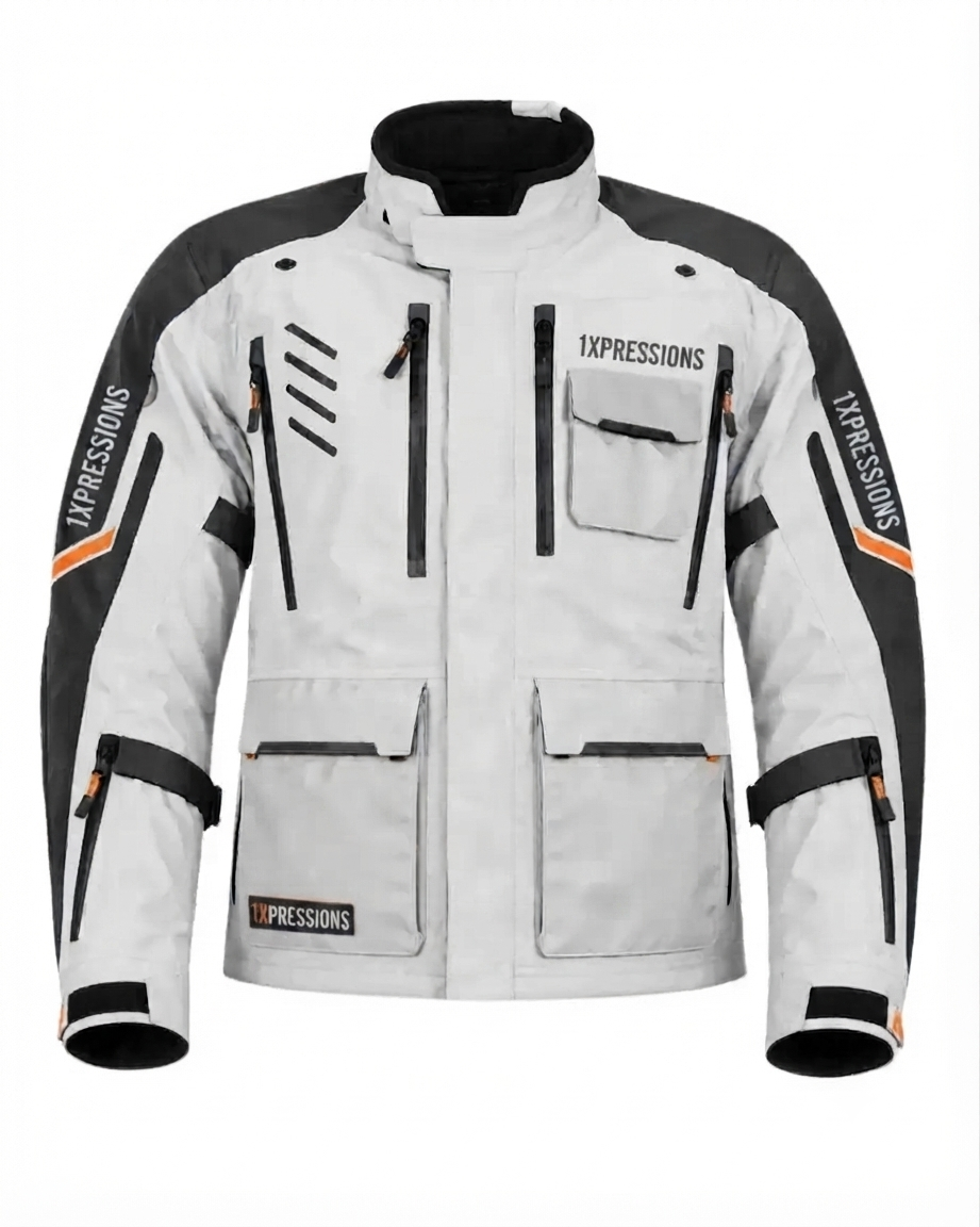1xpressions Pro-Touring All-Weather Waterproof Motorcycle Jacket - Light Grey/Black1xpressions Adventure Touring Textile Moto Jacket with Armor Pockets