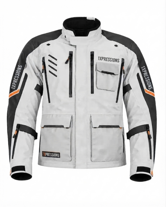 1xpressions Pro-Touring All-Weather Waterproof Motorcycle Jacket - Light Grey/Black1xpressions Adventure Touring Textile Moto Jacket with Armor Pockets