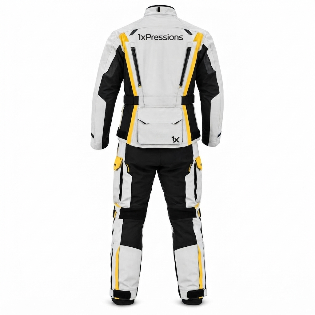 1xPressions All-Weather Adventure Motorcycle Touring Jacket and Pants Set - Light Gray, Black, and High-Viz Yellow