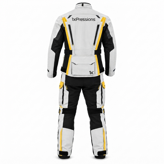 1xPressions All-Weather Adventure Motorcycle Touring Jacket and Pants Set - Light Gray, Black, and High-Viz Yellow