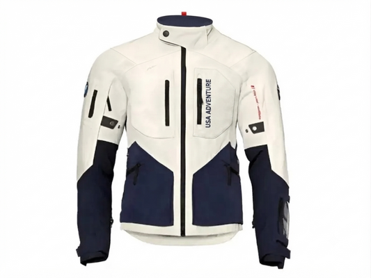 USA Adventure Men's All-Weather Touring Motorcycle Jacket - Off-White/Navy/Red