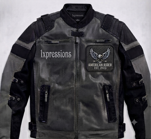1xpressions "American Rider" Men's Motorcycle Jacket - Distressed Gray & Black Biker Jacket