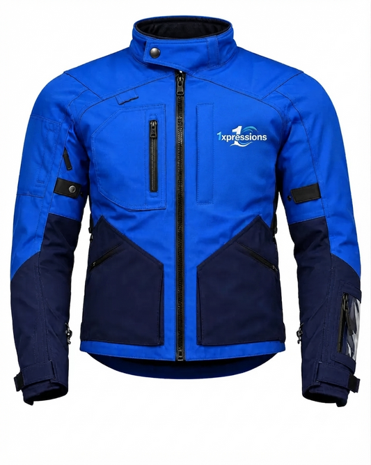 1Xpressions Men's Blue & Navy Waterproof All-Weather Motorcycle Riding Jacket with Reflective Striping1Xpressions Pro-Touring Textile Motorcycle Jacket – Royal Blue/NavyAll-Weather Adventure Touring Moto Jacket with Branded 1Xpressions Logo