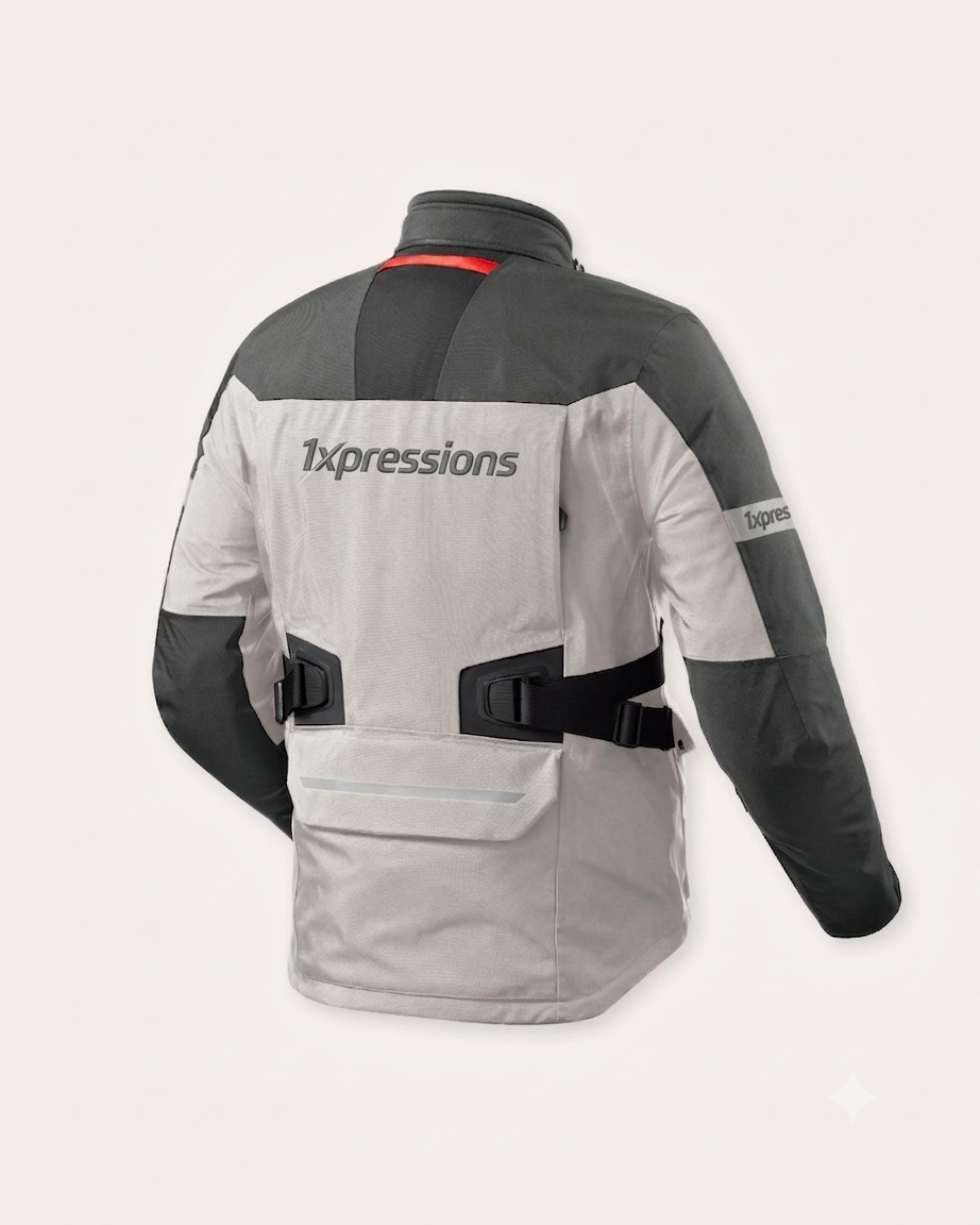 1XPRESSIONS All-Weather Textile Motorcycle Touring Jacket – Light Grey / Dark Grey