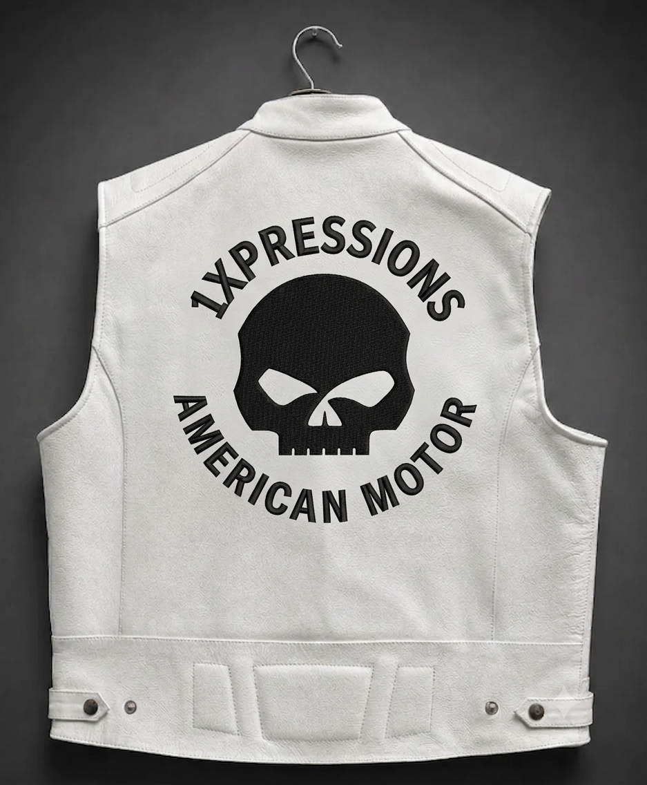 Men's Premium White Leather Motorcycle Vest – "1XPRESSIONS AMERICAN MOTOR" Skull Back Patch Biker Vest