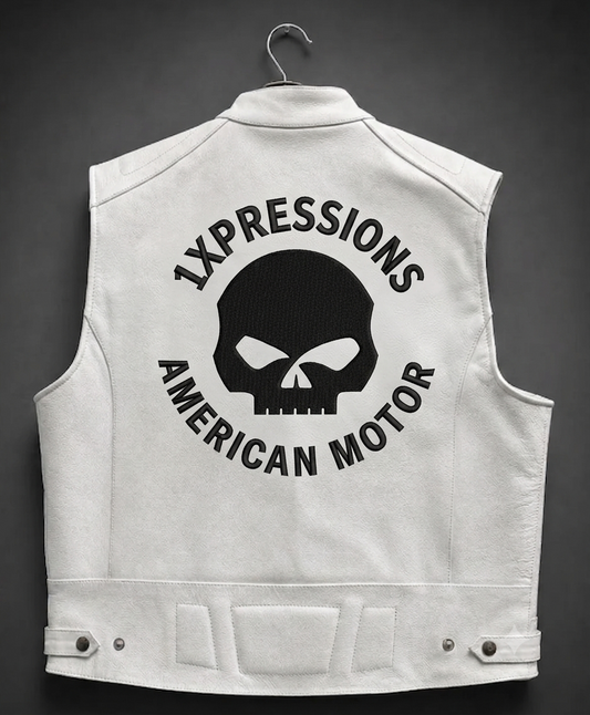 Men's Premium White Leather Motorcycle Vest – "1XPRESSIONS AMERICAN MOTOR" Skull Back Patch Biker Vest