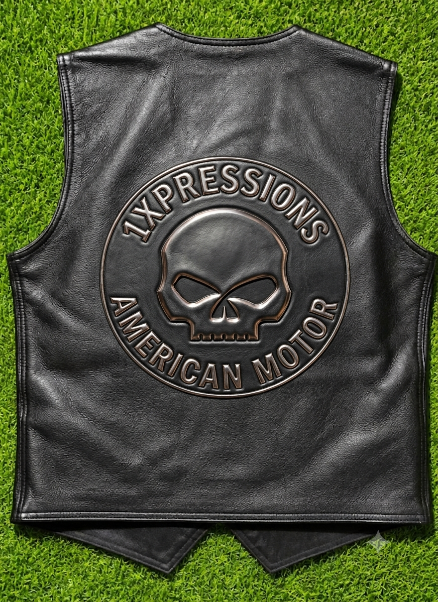 1Xpressions "American Motor" Premium Black Leather Motorcycle Vest – Dual-Sided Skull Branding