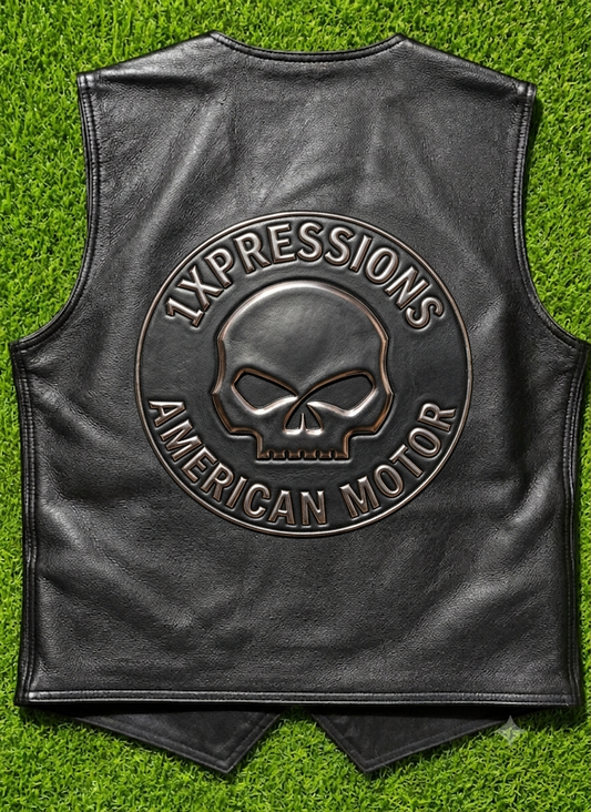 1Xpressions "American Motor" Premium Black Leather Motorcycle Vest – Dual-Sided Skull Branding