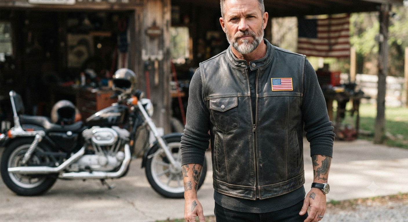 Men's Distressed Leather Motorcycle Vest with US Flag Patch