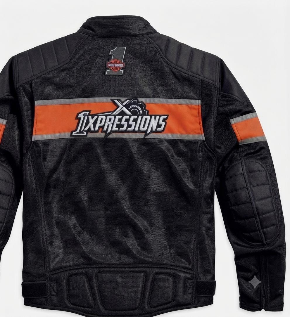 1XPRESSIONS Men's Mesh Riding Jacket – Black & Orange Embroidered Motorcycle Jacket