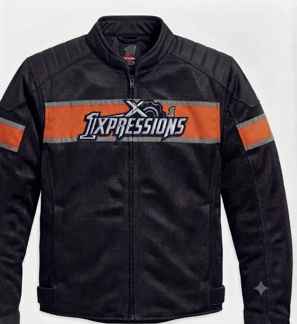 1XPRESSIONS Men's Mesh Riding Jacket – Black & Orange Embroidered Motorcycle Jacket