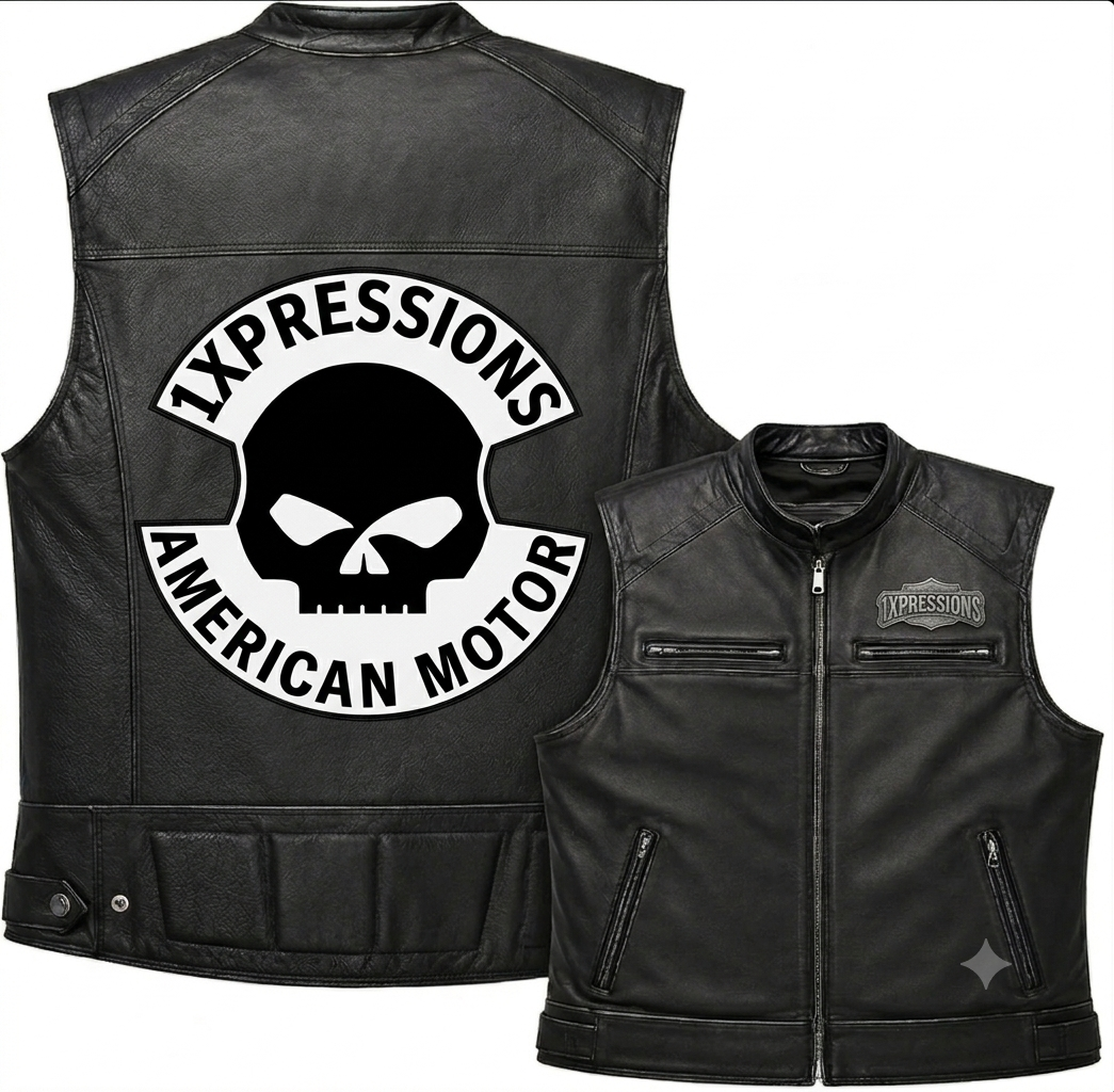 1Xpressions Men's Black Leather Motorcycle Vest – American Motor Skull Graphic Cruiser Vest