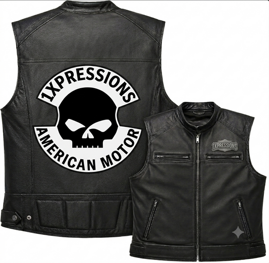 1Xpressions Men's Black Leather Motorcycle Vest – American Motor Skull Graphic Cruiser Vest