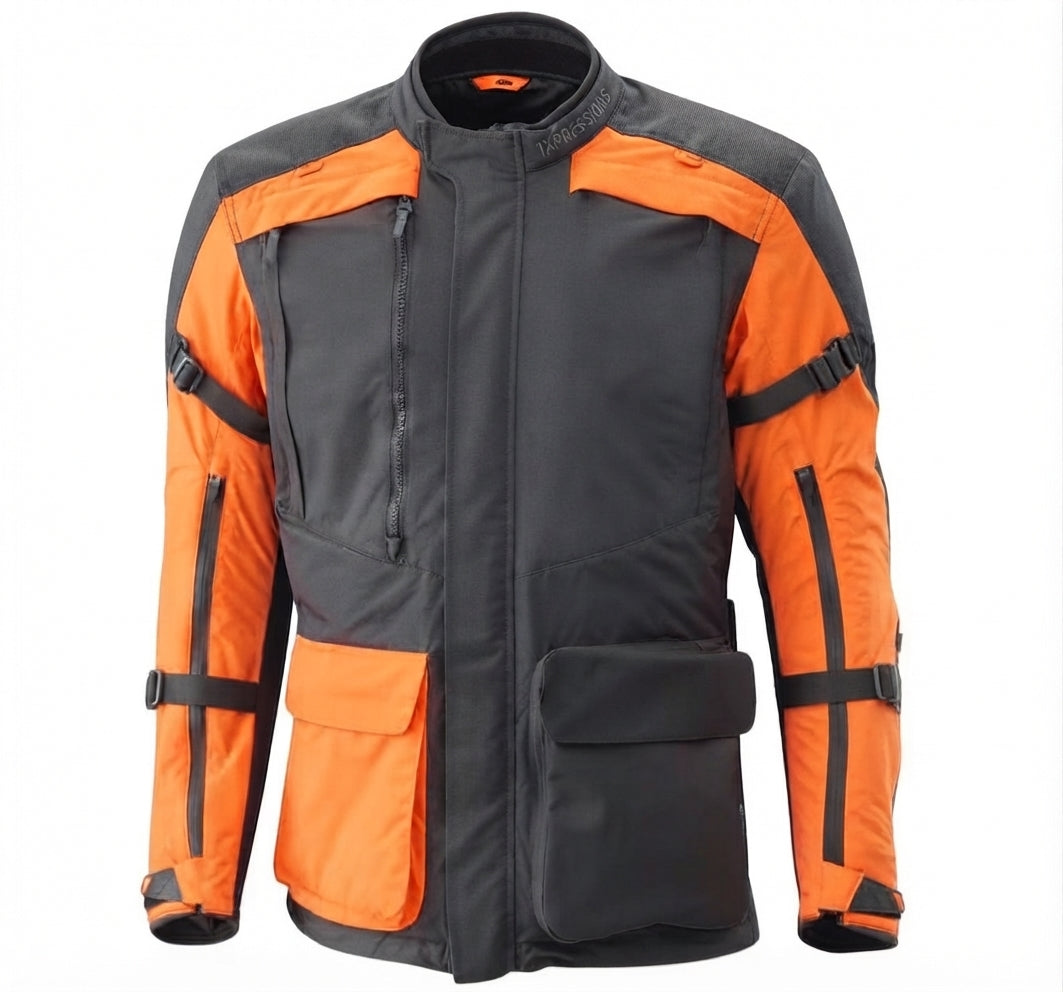 All-Weather Adventure Motorcycle Touring Jacket (Black & Orange)