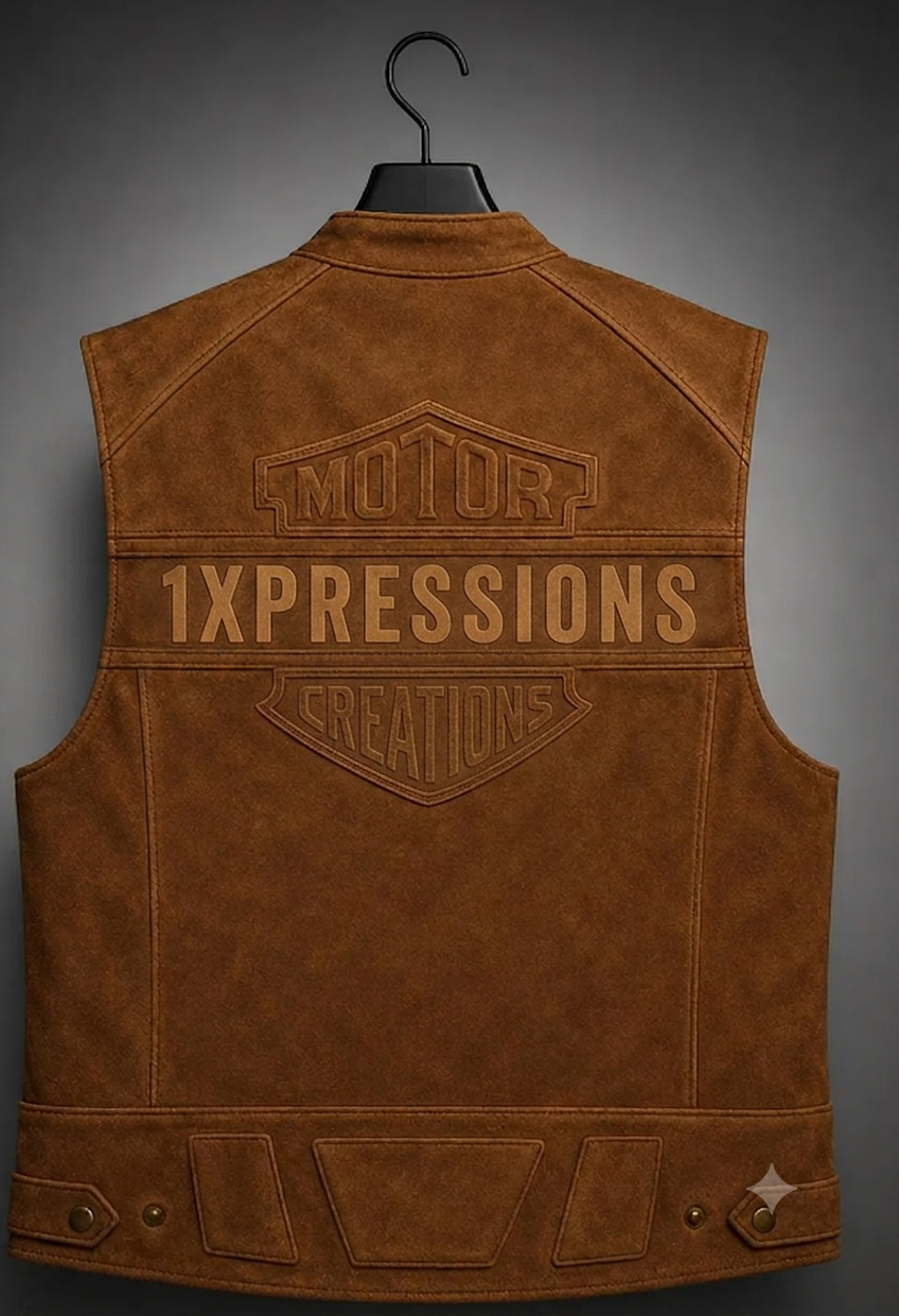 1Xpressions Men’s Premium Suede Moto Vest – Vintage Brown Cruiser Vest with Embossed Custom Branding