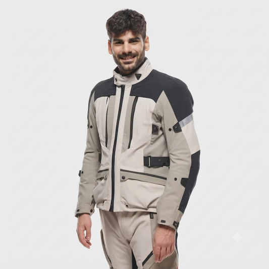 Men's All-Weather Adventure Touring Motorcycle Jacket and Pants Set in Sand and Black