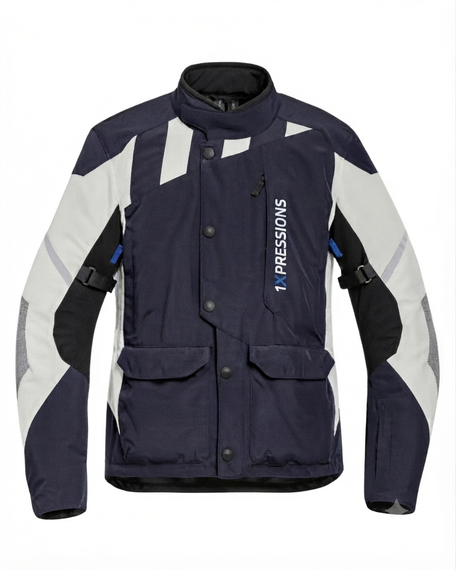 Men's Waterproof Textile Motorcycle Jacket - Navy, Grey, and Black All-Season Riding Gear with Armor Pockets