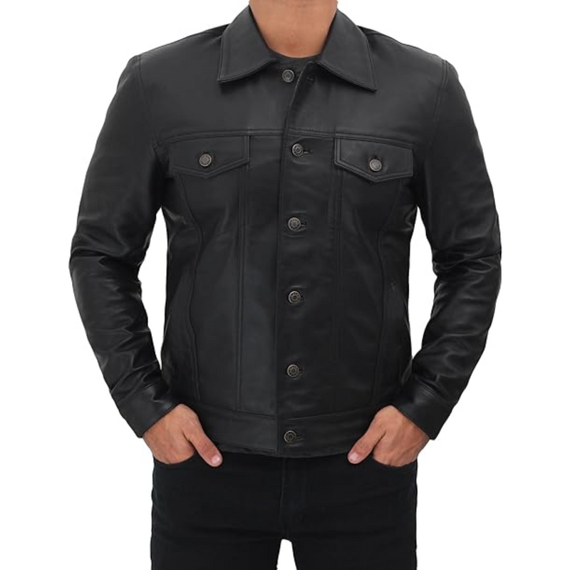 Blingsoul Mens Leather Jacket - Vintage Real Lambskin Trucker Jacket Men