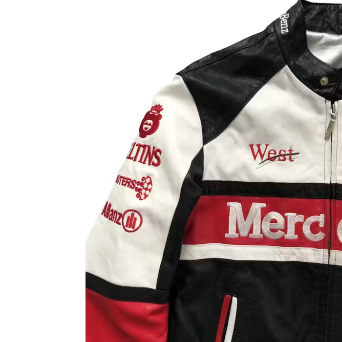 Men's Red Black Mercedes Benz F1 Racing Leather Jacket: Premium Motorsport Apparel