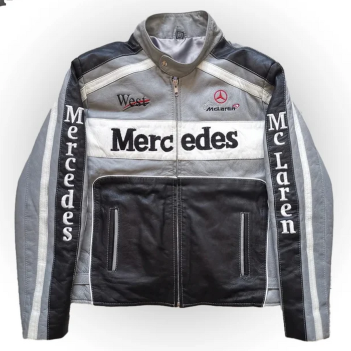 Men's Grey Mercedes Benz F1 Racing Leather Jacket: Stylish Motorsport Apparel
