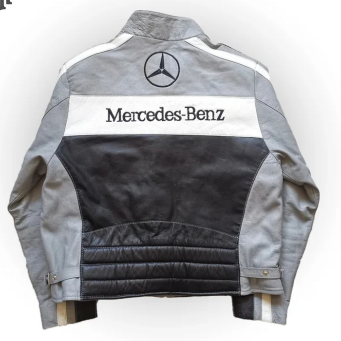 Men's Grey Mercedes Benz F1 Racing Leather Jacket: Stylish Motorsport Apparel