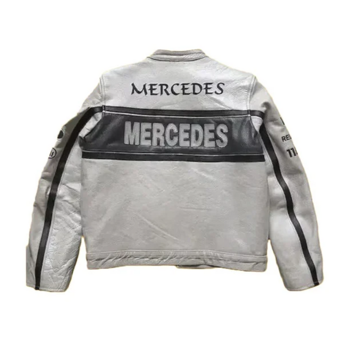 Men's Grey Black Mercedes Benz Leather Jacket: Sleek and Stylish