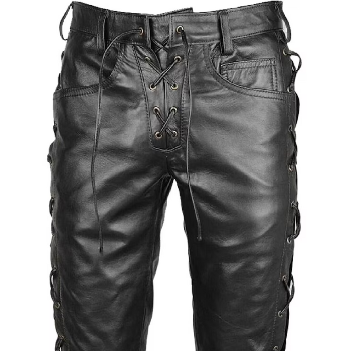 Genuine Black Leather Biker Pants, Side and Front Laces Up Bikers Jeans, Motorcycle Leather Trousers, New Lace up Style, Gift for Riders Gift for Racers Real Black Leather Pant Gift for Bikers Handmade Pant Motorbike Clothing Motorcycle Pants