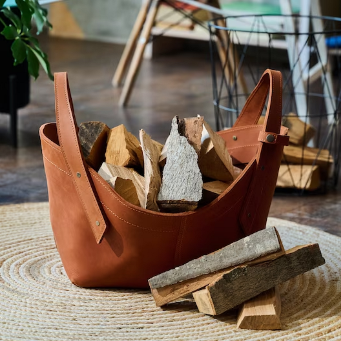 Portador de leña con asas, Porta leña de cuero, Cesta de almacenamiento de troncos grande, Portador de cuero para leña, Idea de regalo para decoración de chimenea