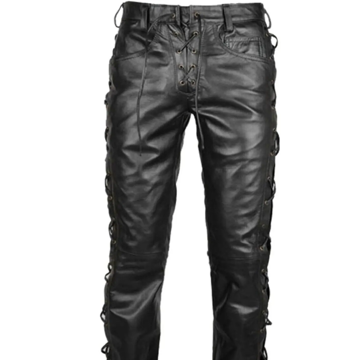 Mens Designer Black Leather Motorcycle Biker Pants Trousers