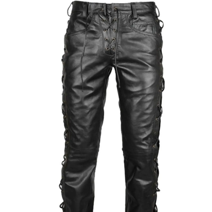 Genuine Black Leather Biker Pants, Side and Front Laces Up Bikers Jeans, Motorcycle Leather Trousers, New Lace up Style, Gift for Riders Gift for Racers Real Black Leather Pant Gift for Bikers Handmade Pant Motorbike Clothing Motorcycle Pants
