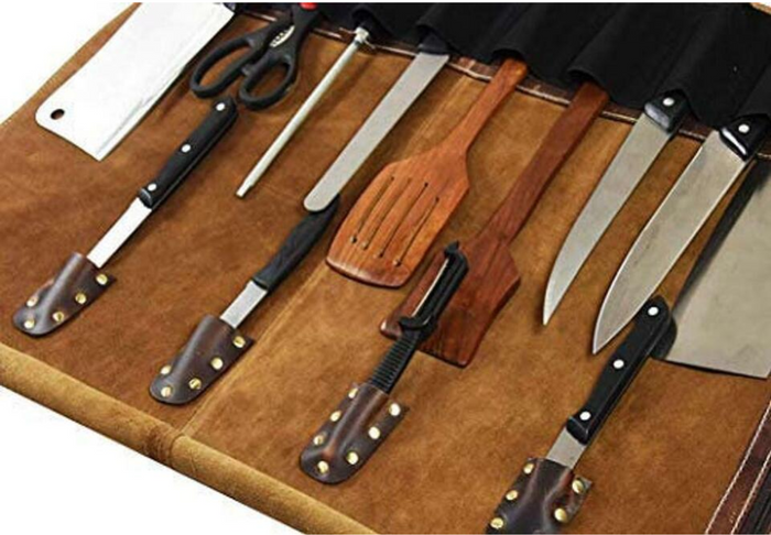 Premium Tan Leather Chef's Knife Roll Stylish Storage for Culinary Essentials