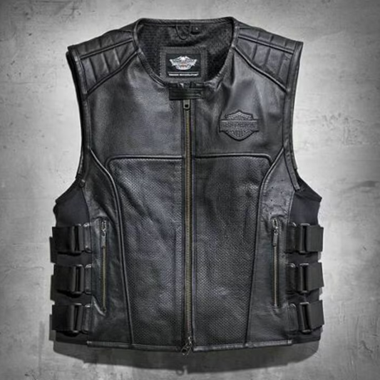 Men's Swat II Genuine Leather Vest - Harley-Davidson's Zippered Café Racer Black Motorcycle Leather Vest
