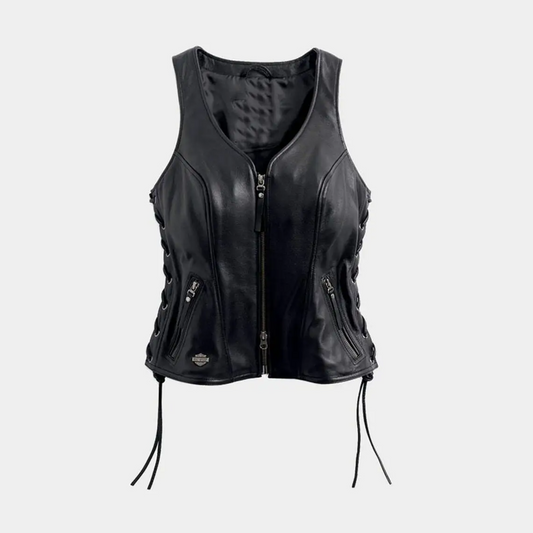 Women's Real Leather Harley Davidson Biker Vest Lace-Up Sides & Zipper Front