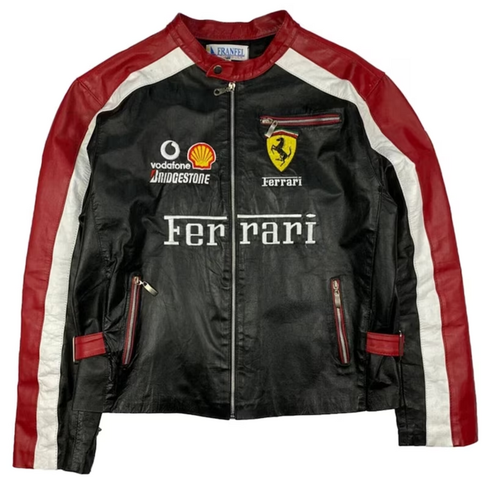 Vintage Ferrari F1 Racing Jacket: Retro Black & Red Leather for Men and Women Bike Racing Jacket