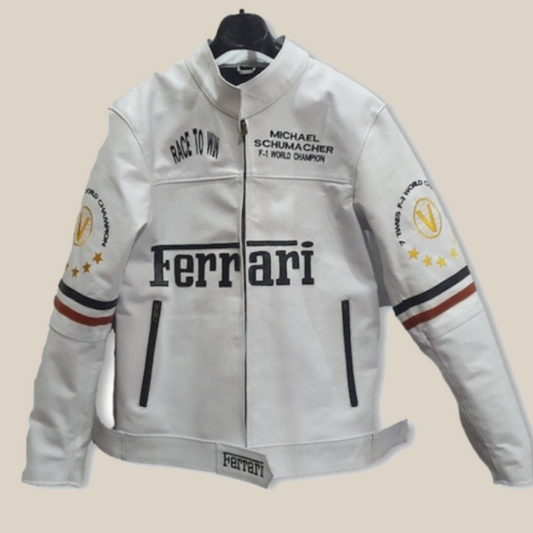 Ferrari White Leather Jacket: Formula F1 Racing Gift for Bike Racers