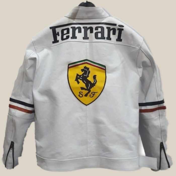 Ferrari White Leather Jacket: Formula F1 Racing Gift for Bike Racers