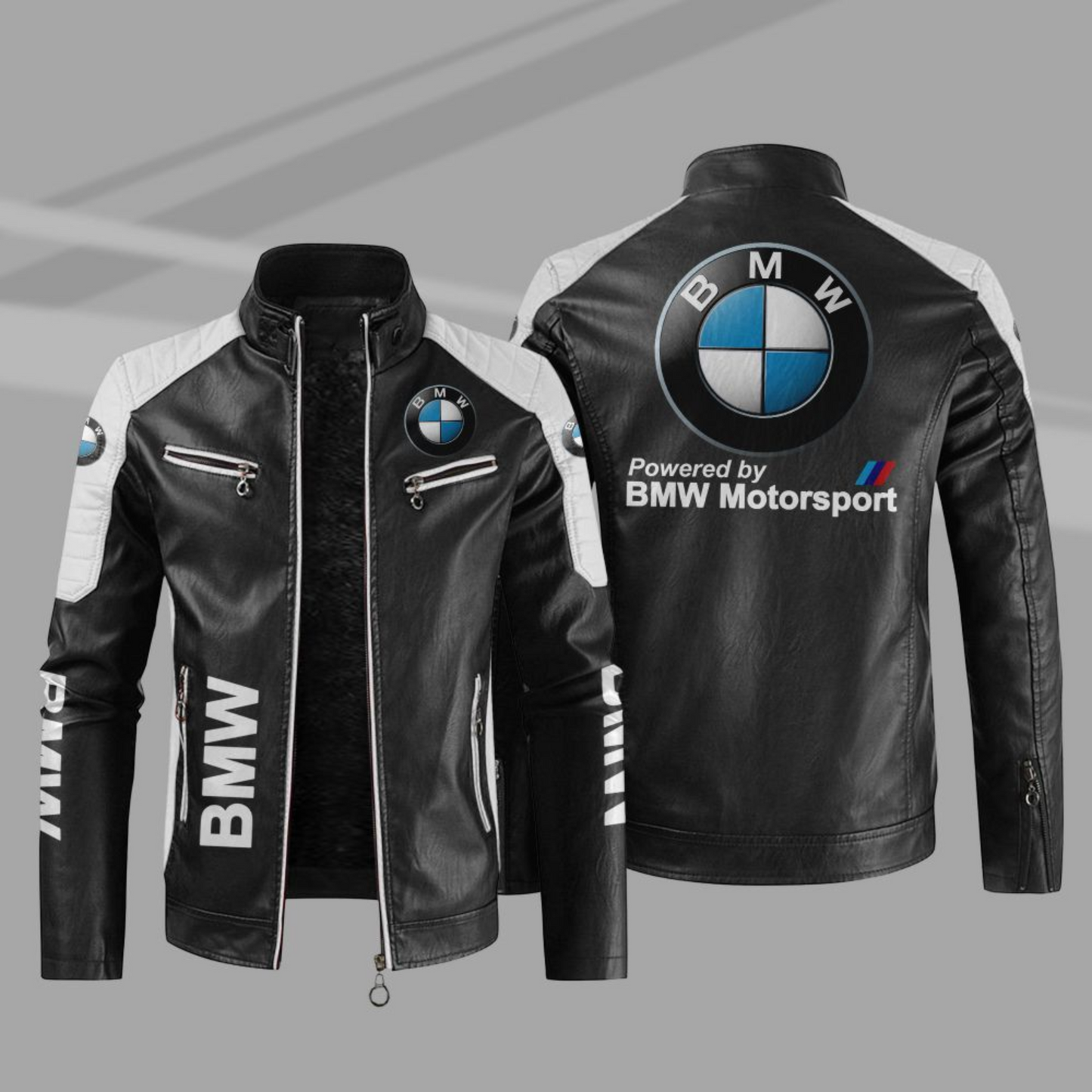 BMW Powered By Motorsport Leather Jacket: Car Motor Block Racing Style for Bikers