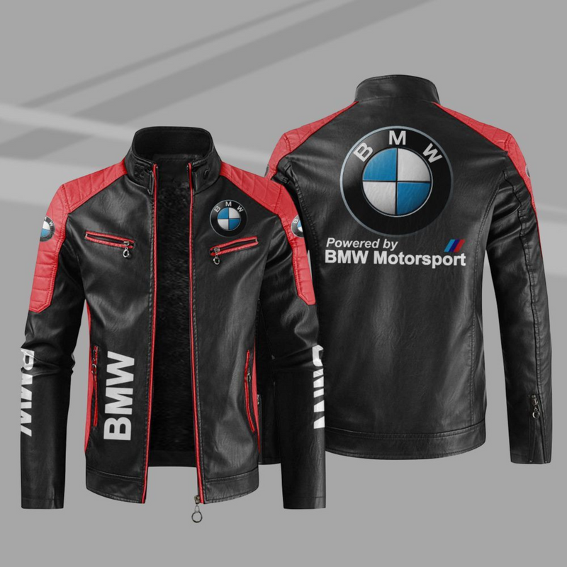 BMW Powered By Motorsport Leather Jacket: Car Motor Block Racing Style for Bikers