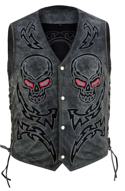 Men's Distressed Gray Leather Motorcycle Vest with Red Eye Skull & Tribal Embroidery