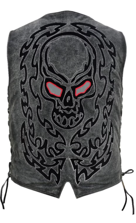 Men's Distressed Gray Leather Motorcycle Vest with Red Eye Skull & Tribal Embroidery