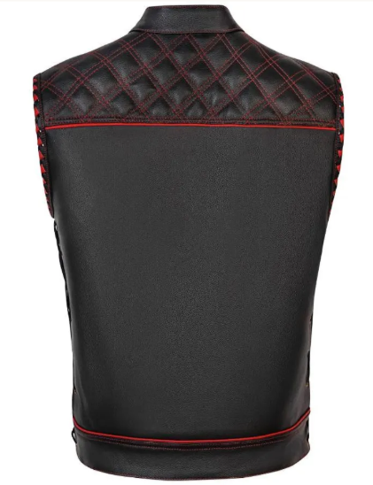 Premium Men's Leather Biker Vest with Red Stitching and Paisley Lining
