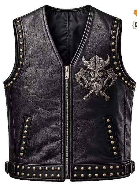 Men's Premium Leather Viking Biker Vest – Norse Warrior Embossed Design