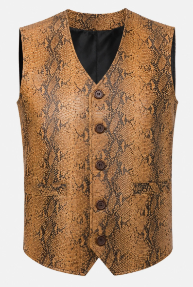 Men's Tan Snake-Print Faux Leather V-Neck Suit Vest