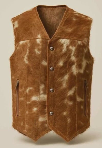 Western Cowhide Leather Vest – Brown & White Unisex Waistcoat
